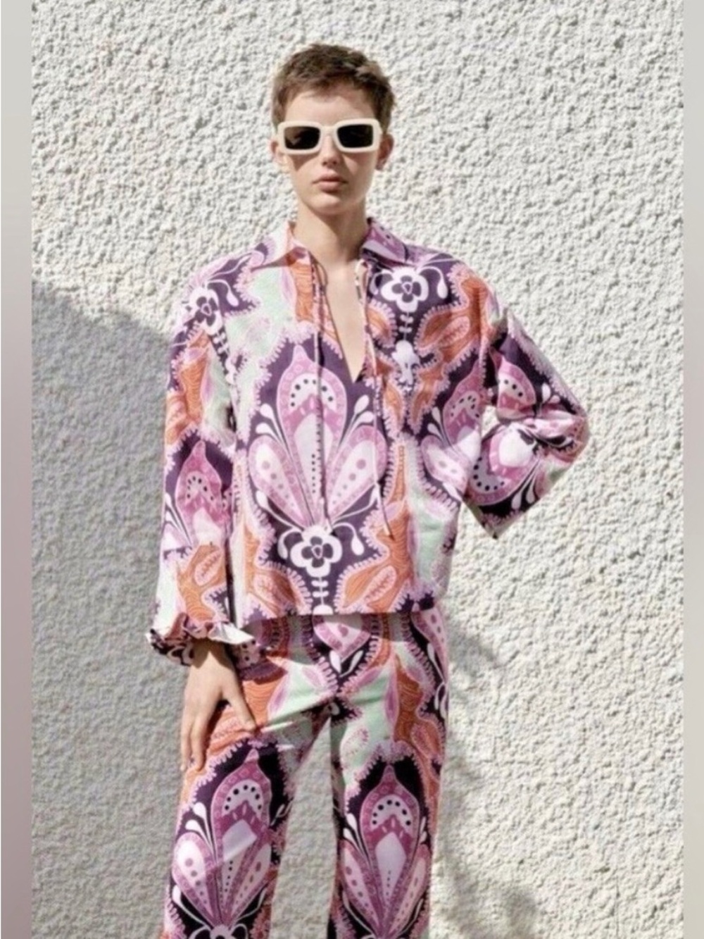 Zara Purple and Pink Printed Top and bottom (xs set)